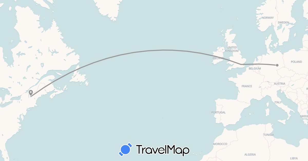 TravelMap itinerary: driving, plane in Germany, United Kingdom, United States (Europe, North America)